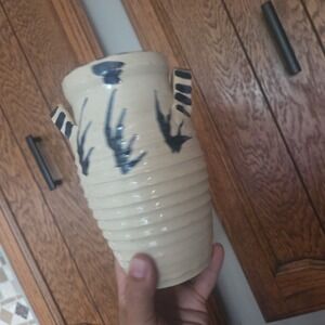 JAMESTOWN POTTERY 1984 UTENSIL CROCK Vase Handled Blue Cream Ribbed